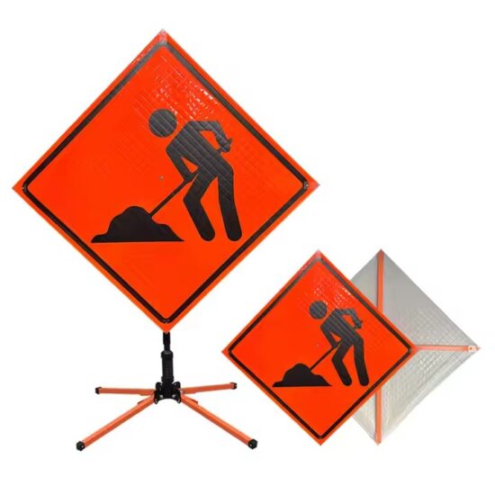 High-Visibility Reflective Road Construction Sign in Work Zone