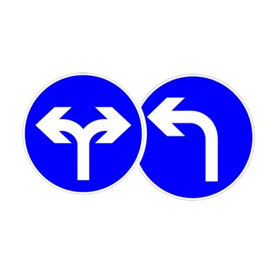 Blue and White Arrow Traffic Safety Guide Sign Installed on Roadside