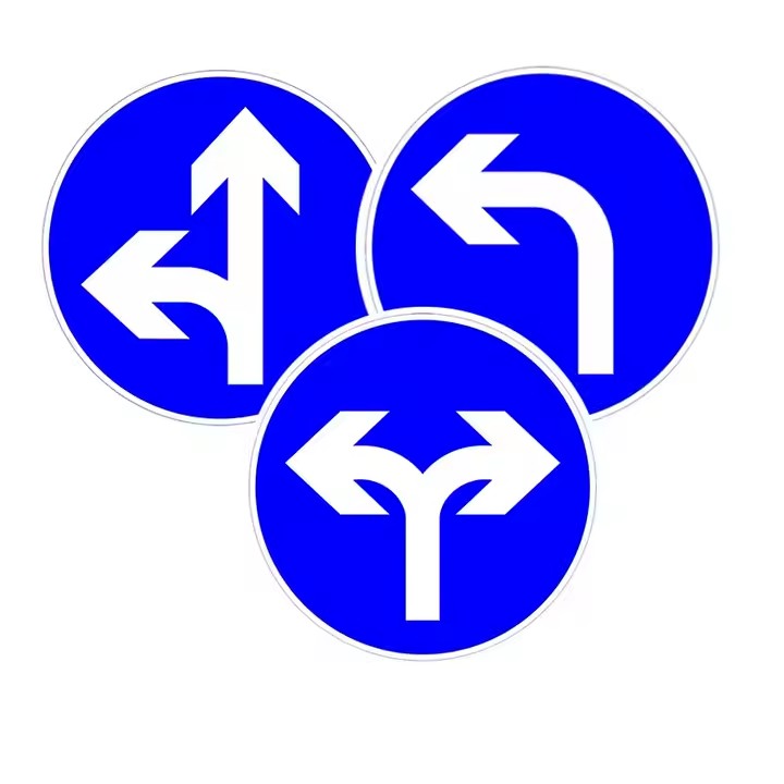 Blue and White Arrow Traffic Safety Guide Sign Installed on Roadside