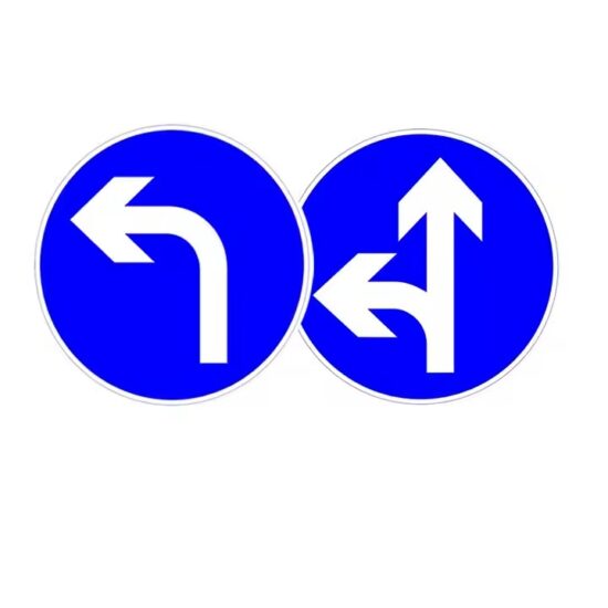 Blue and White Arrow Traffic Safety Guide Sign Installed on Roadside