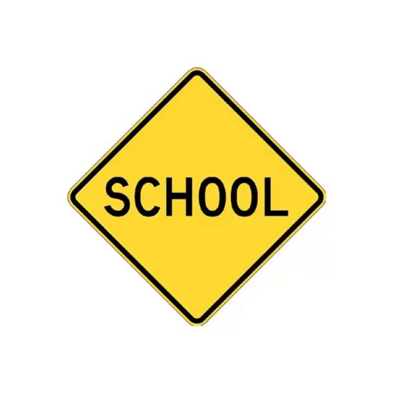 Reflective High-Visibility School Zone Safety Sign Installed by Road