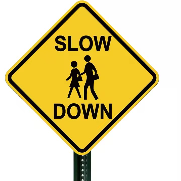 Reflective High-Visibility School Zone Safety Sign Installed by Road