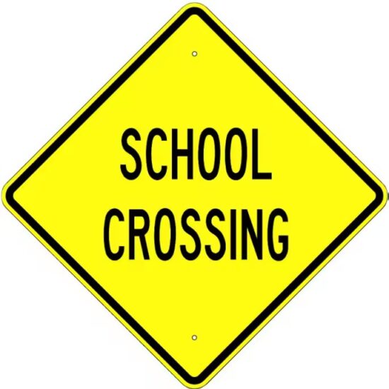 Reflective High-Visibility School Zone Safety Sign Installed by Road