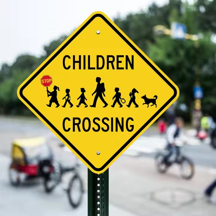 Reflective School Zone Warning Sign Installed by Roadside