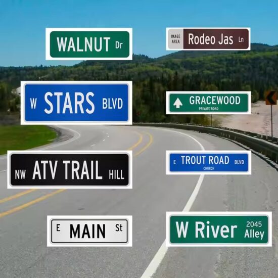 Personalized outdoor road sign with custom branding and directional arrows