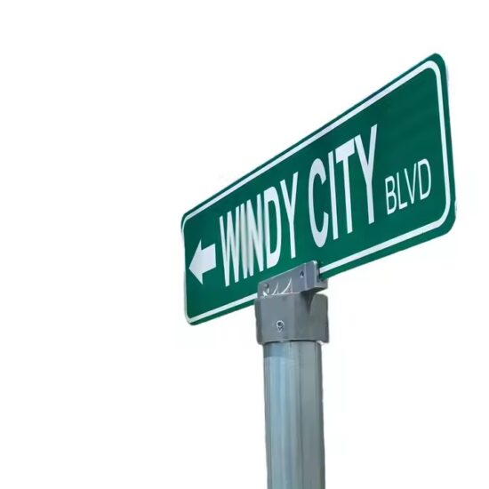 Personalized outdoor road sign with custom branding and directional arrows